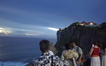 View of the iconic Uluwatu Temple overlooking the Indian Ocean