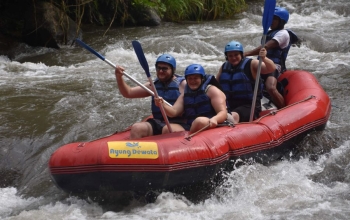 Rafting boats navigate the rapids of the Ayung River with participants wearing helmets and life jackets