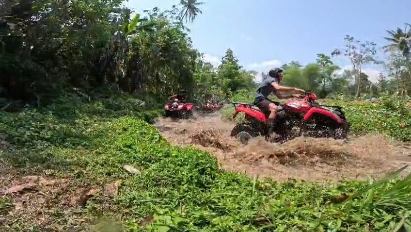atv ubud ride through the water puddle